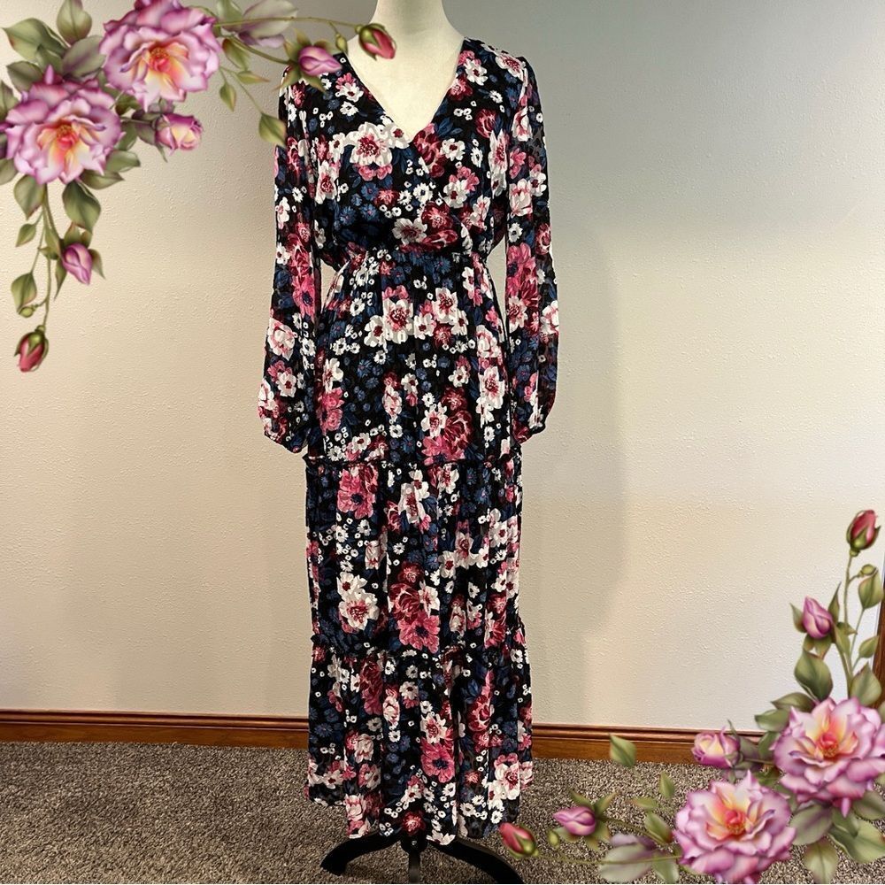 Long sleeve Floral Maxi v-neck‎ Dress